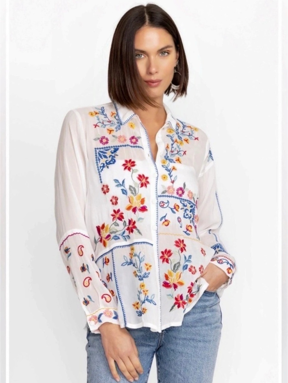 Johnny Was Floral Embroidered Blouse White & Multicolor Small